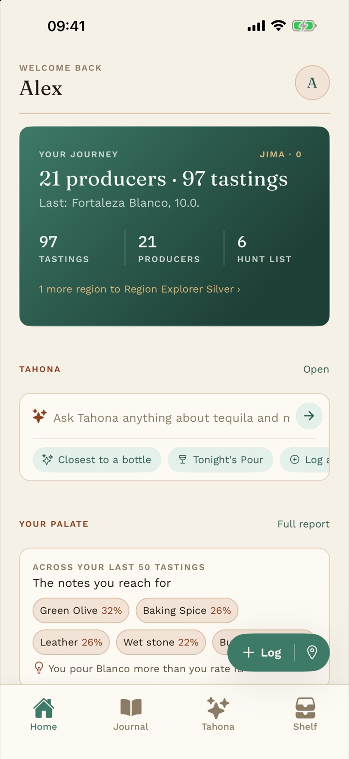 The Agave & Note home screen: your journey so far, Tahona and your palate.