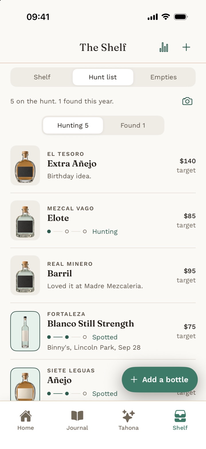 The hunt list: five bottles being hunted with target prices, and one spotted at a shop with the date.