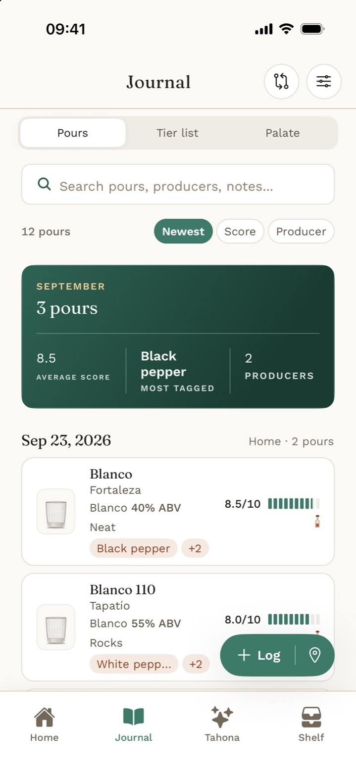 The Agave & Note journal, with Pours, Tier list and Palate at the top and a month summary of your average score and most tagged note.