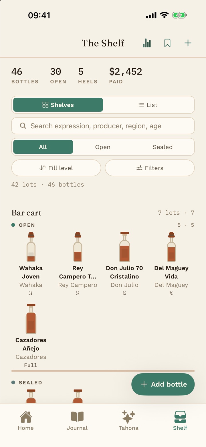 The Shelf in Agave & Note, with bottles at their fill levels.